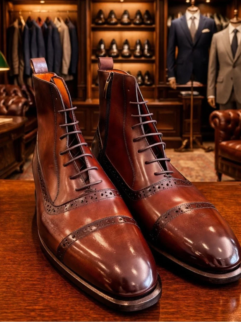Men's Brown Leather Dress Boots with Side Zip and red bottom